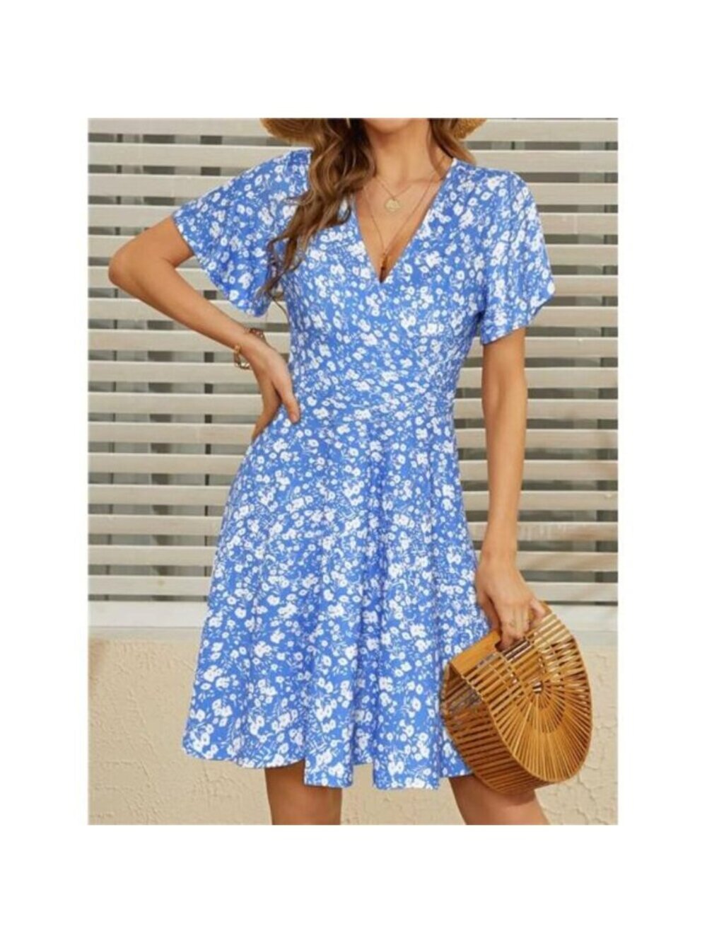Women's Sundress Summer Floral Short Sleeve Wrap V Neck A-Line Midi Dress, Blue - Picture 2 of 4